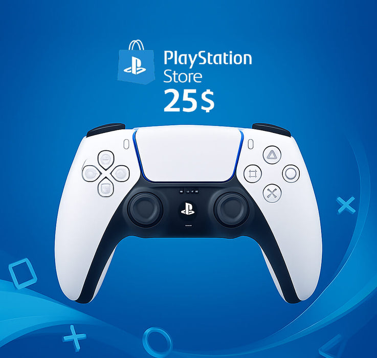 Promotional image of a PlayStation Network Card worth $25 USD, featuring a PlayStation DualSense controller on a blue background – get your PlayStation Store $25 Card US instantly at RushGame.co