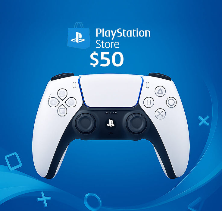 Image of a $50 PlayStation Network Card for the US region, featuring a white and black PlayStation DualSense controller on a blue-themed background – get your PlayStation Store $50 Card US instantly at RushGame.co!