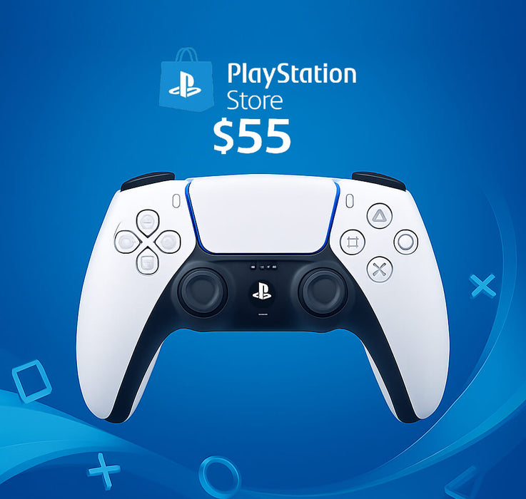 Image of a $55 PlayStation Network Card for the US region, showing a stylish PlayStation DualSense controller on a vibrant blue background – purchase your $55 PlayStation Store Card US now at RushGame.co