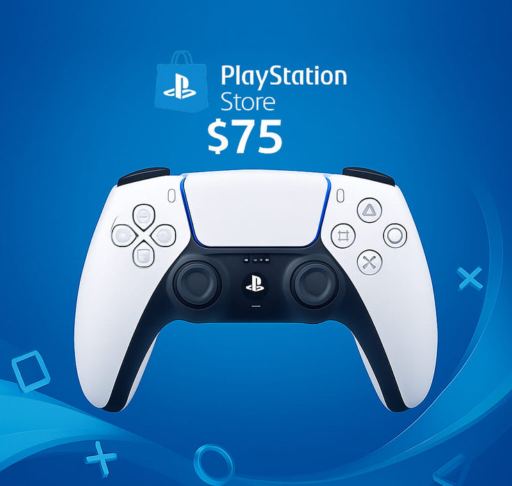 Image showcasing a $75 PlayStation Store gift card for the US region with a DualSense controller against a blue background – get your $75 PlayStation Network card today at RushGame.co and enjoy your favorite games