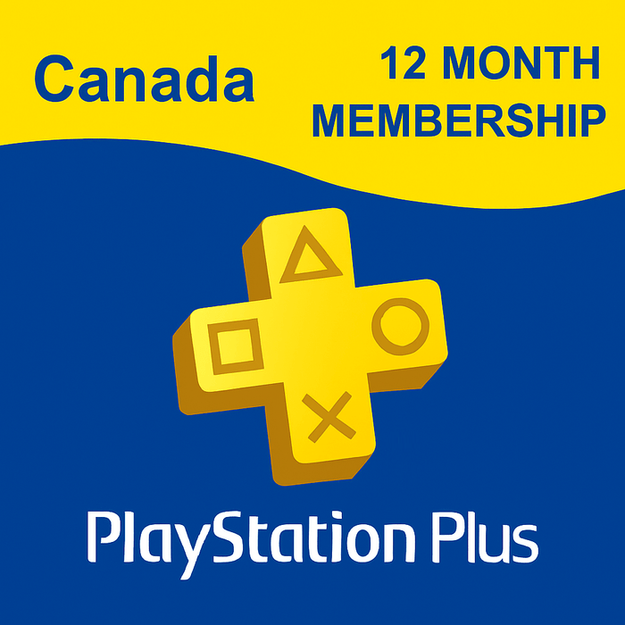 Image of a 12-month PlayStation Plus Essential membership card for Canada, featuring a yellow PS Plus logo on a blue background – get your PlayStation Plus 12-month subscription for Canada today at RushGame.co and enjoy online multiplayer, free monthly games, and exclusive discounts