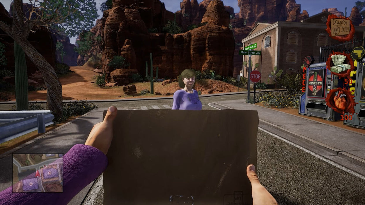 In-game screenshot from POSTAL 4: No Regerts on PC Steam, showing a first-person view of a character holding a cardboard sign while facing a woman on a desert road—grab your Steam digital code today at RushGame.co