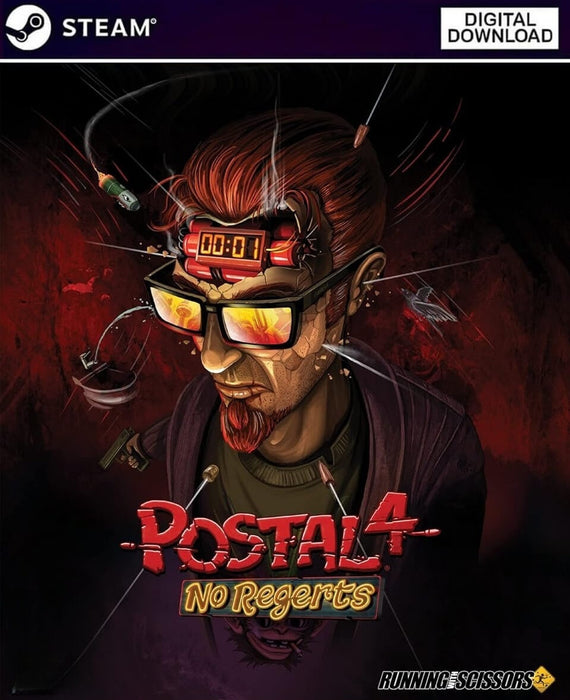 Cover art for POSTAL 4: No Regerts on PC Steam, featuring the main character with sunglasses and a time bomb strapped to his head—get your chaotic comedy FPS game key now at RushGame.co
