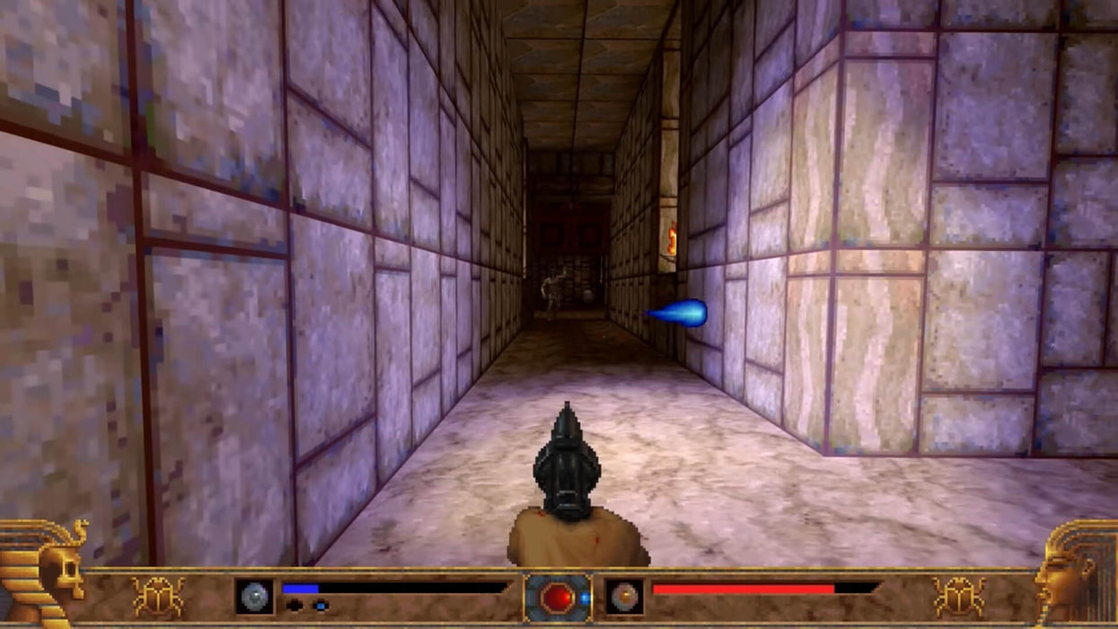 Gameplay scene from PowerSlave Exhumed on PC Steam, featuring a narrow corridor with a blue energy projectile flying toward a distant enemy—unlock your Steam CD key at RushGame.co.