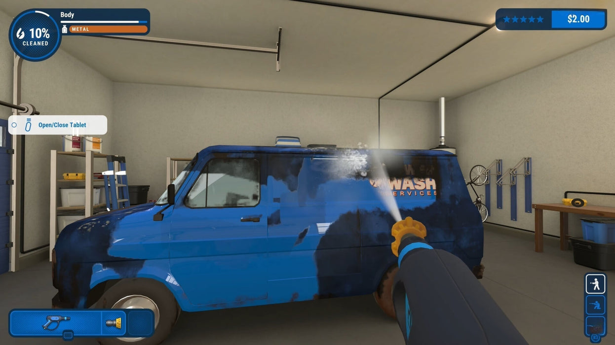 In-game scene from PowerWash Simulator on PC, where a dirty blue van is being cleaned inside a garage using a power washer—grab your digital Steam code and start spraying at RushGame.co