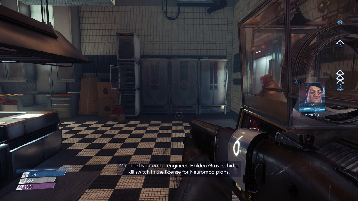 Gameplay from Prey 2017 showing the player in a kitchen environment with a weapon drawn and dialogue from Alex Yu — purchase your Prey Steam key at RushGame.co