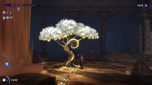 Prince of Persia: The Lost Crown on Nintendo Switch – the protagonist stands beneath a glowing mystical tree surrounded by golden leaves inside ancient ruins. Get the digital game key today from RushGame.co