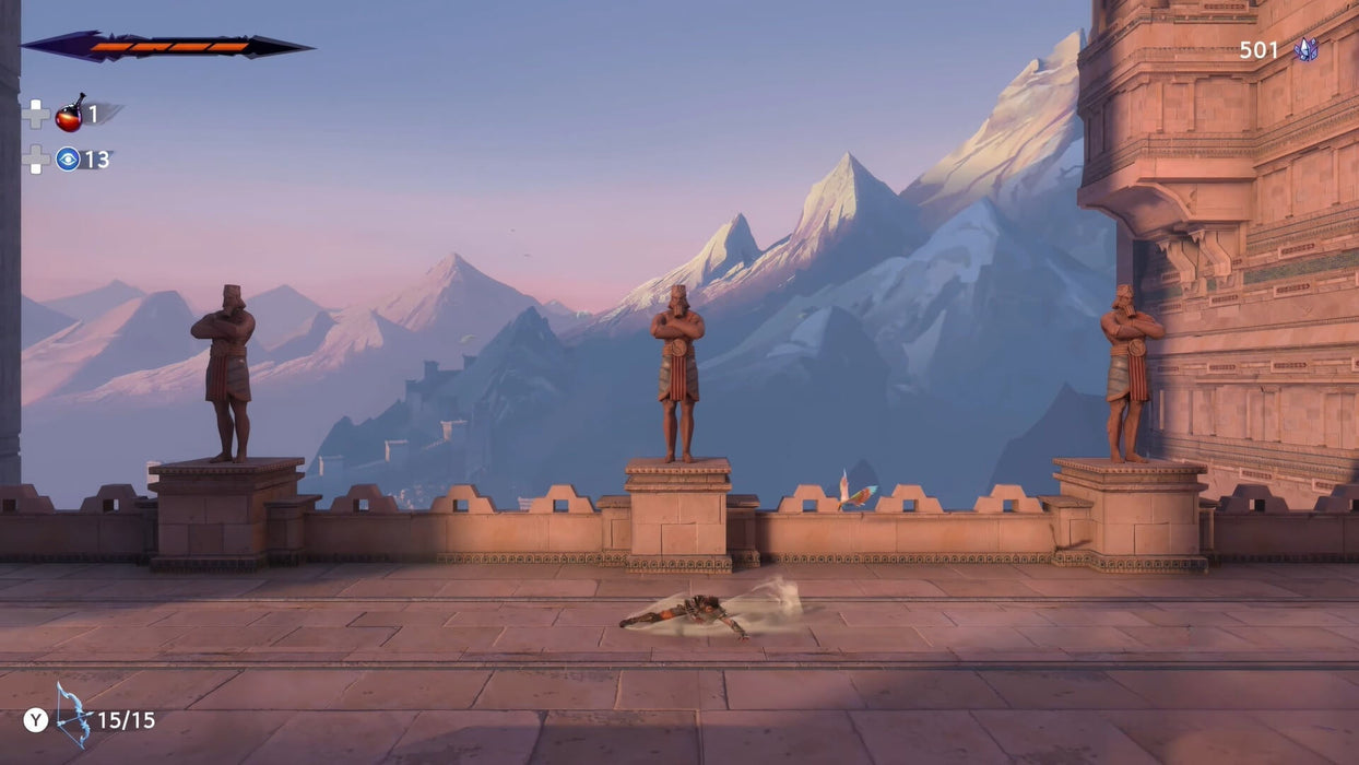 In-game screenshot from Prince of Persia: The Lost Crown on Nintendo Switch, showing the hero dashing across a mountaintop terrace with towering statues and a scenic view. Grab your Switch key today at RushGame.co