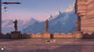 In-game screenshot from Prince of Persia: The Lost Crown on Nintendo Switch, showing the hero dashing across a mountaintop terrace with towering statues and a scenic view. Grab your Switch key today at RushGame.co