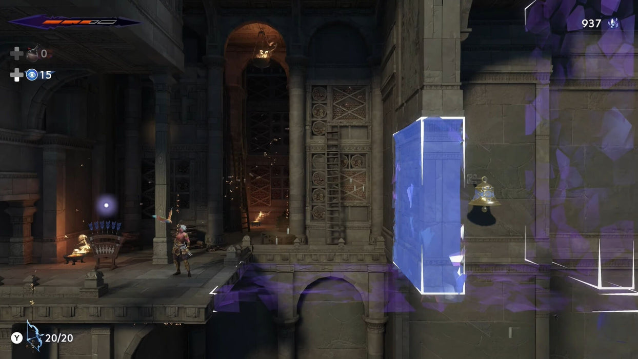 Gameplay image of Prince of Persia: The Lost Crown for Nintendo Switch, depicting the player navigating ancient ruins with glowing blue time-altering platforms. Purchase the Switch CD key now at RushGame.co for instant delivery