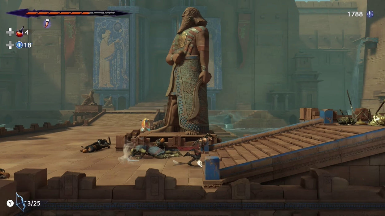 Gameplay scene from Prince of Persia: The Lost Crown for Xbox, with the player slashing through enemies beneath a towering ancient statue. Buy the digital key now from RushGame.co and join the adventure