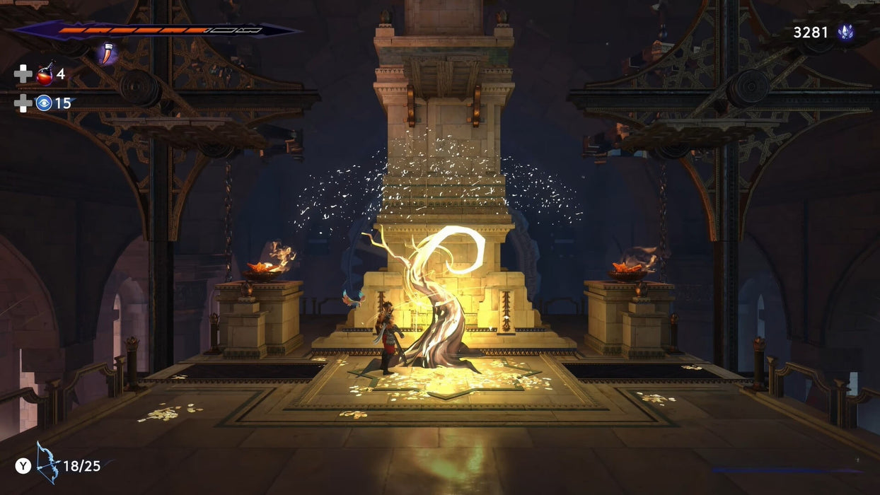 In-game image from Prince of Persia: The Lost Crown on Xbox Series X|S, showing the player standing before a radiant tree inside a golden-lit temple. Explore the mystical world—buy your Xbox key now at RushGame.co