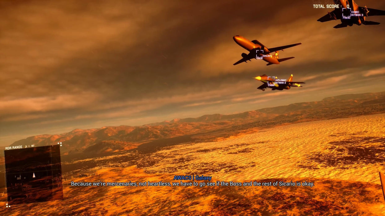 A cinematic scene in Project Wingman for PC, featuring multiple jet fighters flying over a glowing sunset landscape. Get your Steam game code from RushGame.co and lead your squadron to victory