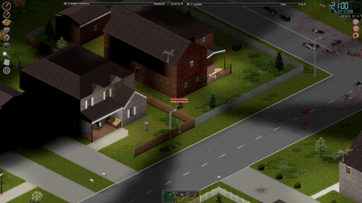 Project Zomboid gameplay showing nighttime exploration of a residential area with bloodstained roads and lurking zombies—purchase your PC GOG CD key today at RushGame.co