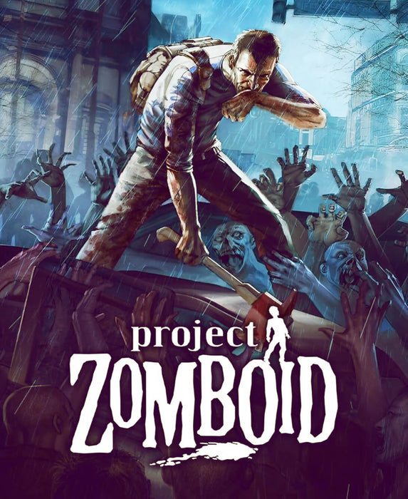 Cover art for Project Zomboid PC GOG edition, depicting a lone survivor fending off a horde of zombies in the rain—get your DRM-free digital key now at RushGame.co
