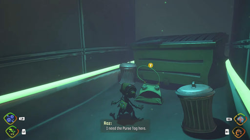 In-game screenshot from Psychonauts 2 on Xbox showing Raz interacting with an emotional purse character in a dark alley environment. Get your Xbox digital key now at RushGame.co