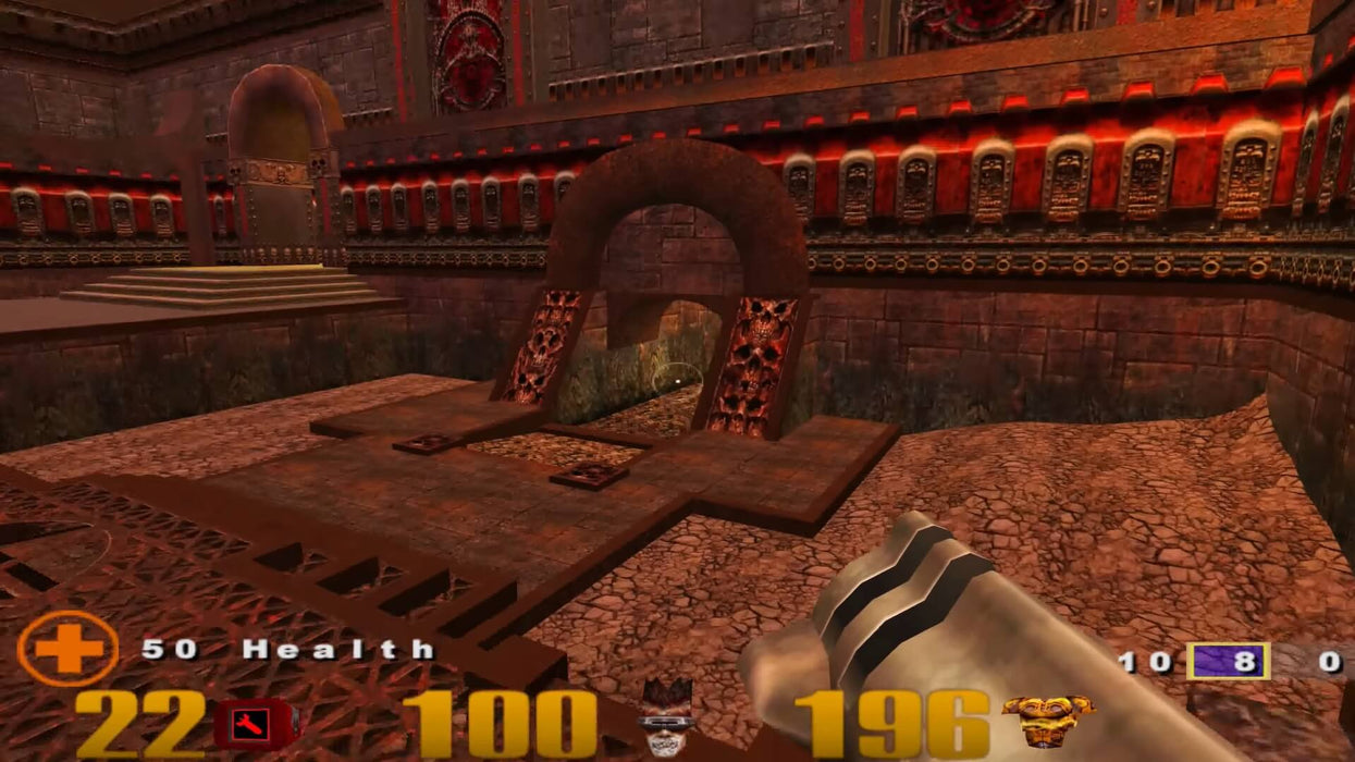 In-game scene from Quake III Arena PC showing a rocket launcher aimed in a skull-decorated room. Get your digital key now from RushGame.co
