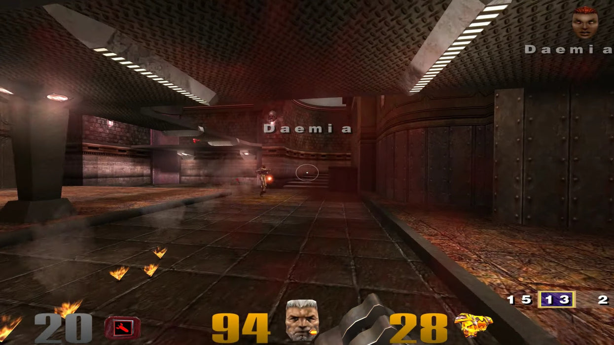 Action-packed scene from Quake III: Gold on PC featuring a duel with Daemia in a dark industrial arena. Get your official GOG CD key instantly at RushGame.co