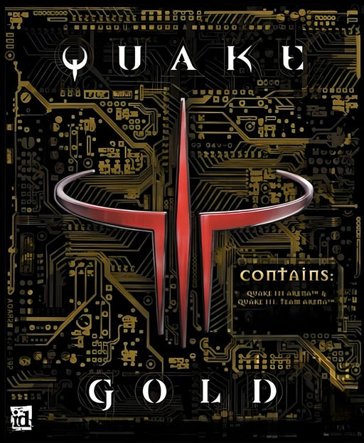cover art for Quake III: Gold, featuring the iconic red Quake symbol over a black and gold circuit design. Grab your PC GOG CD key at RushGame.co for immediate download