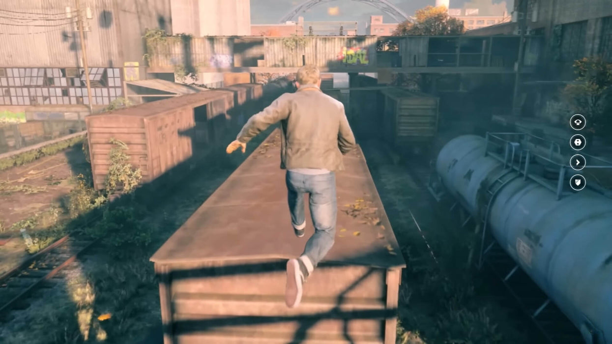 Gameplay from Quantum Break (PC Steam) showing the protagonist jumping across train cars in an industrial area — purchase your digital CD Key today from RushGame.co