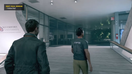 Gameplay screenshot from Quantum Break (PC Steam) showing the protagonist walking through Riverport University — unlock this cinematic time-bending experience with a CD Key from RushGame.co