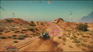 High-speed vehicle driving through the desert in Rage 2: Deluxe Edition on Xbox One, with navigation trail highlighted in purple. Buy your Xbox One digital key at RushGame.co and explore the Wasteland