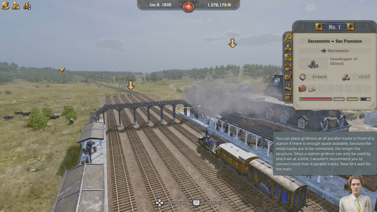 Detailed view of a bustling train station in Railway Empire 2: Deluxe Edition on PC, with steam trains departing from Sacramento. Get your Steam key today from RushGame.co and manage routes across 19th-century America