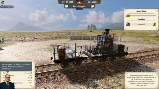 Detailed view of the Grasshopper locomotive in Railway Empire 2 on PC, presented with performance stats and customization options. Secure your Steam CD key today at RushGame.co and build your fleet