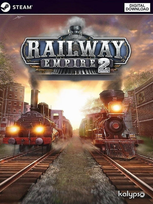 cover art for Railway Empire 2 on PC Steam, showing two steam locomotives charging forward through a cityscape. Get your digital Steam CD key now at RushGame.co and take control of the railway age