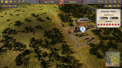 In-game screenshot from Railway Empire (PC Steam) showing a top-down view of a train station and surrounding forest landscape — build your rail network with a Steam CD Key from RushGame.co