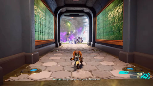 Gameplay screenshot from Ratchet & Clank: Rift Apart (PC Steam) featuring Ratchet sprinting down a futuristic hallway towards a battle with Dr. Nefarious — unlock the action with a Steam CD Key from RushGame.co