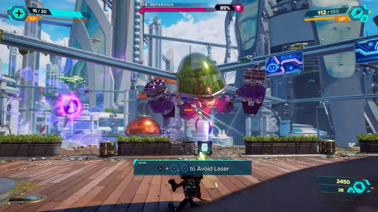 In-game battle scene from Ratchet & Clank: Rift Apart on PC Steam, showing Ratchet facing a massive robot boss in a vibrant sci-fi city — download your Steam key today at RushGame.co