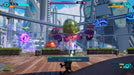 In-game battle scene from Ratchet & Clank: Rift Apart on PC Steam, showing Ratchet facing a massive robot boss in a vibrant sci-fi city — download your Steam key today at RushGame.co