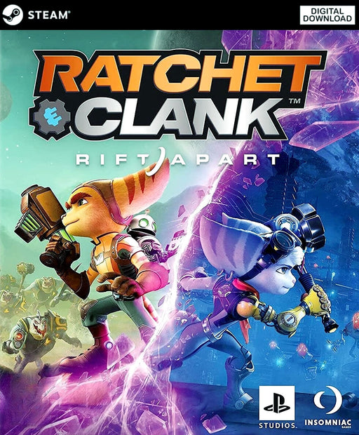 Cover image of Ratchet & Clank: Rift Apart for PC Steam, showcasing Ratchet and Rivet with a rift splitting the dimensions — get your Steam CD Key now at RushGame.co