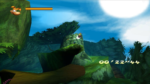 Gameplay screenshot from Rayman 2: The Great Escape (PC GOG) showing Rayman in a lush jungle environment leaping across platforms — unlock this nostalgic experience with a GOG CD Key from RushGame.co