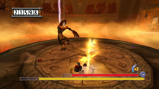 Boss fight screenshot from Rayman 3: Hoodlum Havoc (PC GOG), showcasing an intense battle in a fiery arena. Purchase your Rayman 3 digital key at RushGame.co and take on powerful enemies