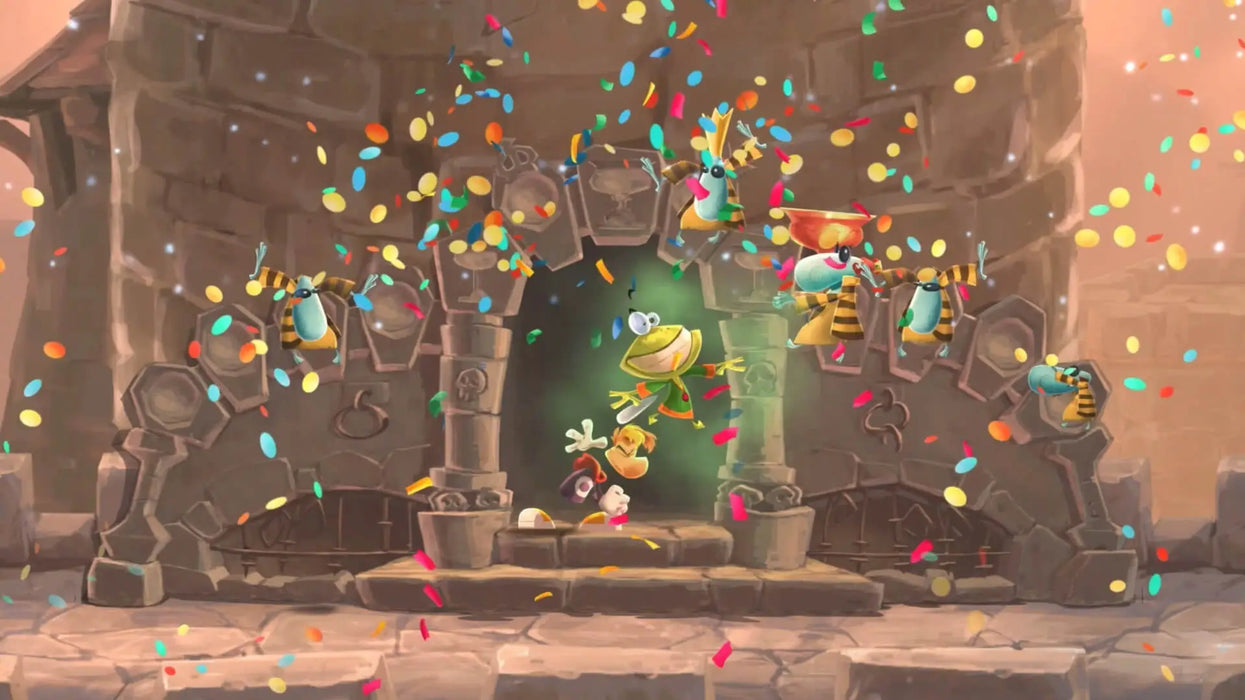 In-game celebration scene from Rayman Legends on PC Ubisoft Connect, with characters dancing in a shower of colorful confetti. Purchase your Rayman Legends digital key from RushGame.co and join the party
