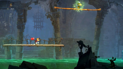 Gameplay image from Rayman Legends (PC), featuring Rayman navigating a spooky dungeon with glowing green water and floating companions. Explore this vibrant world with your Ubisoft Connect game key from RushGame.co