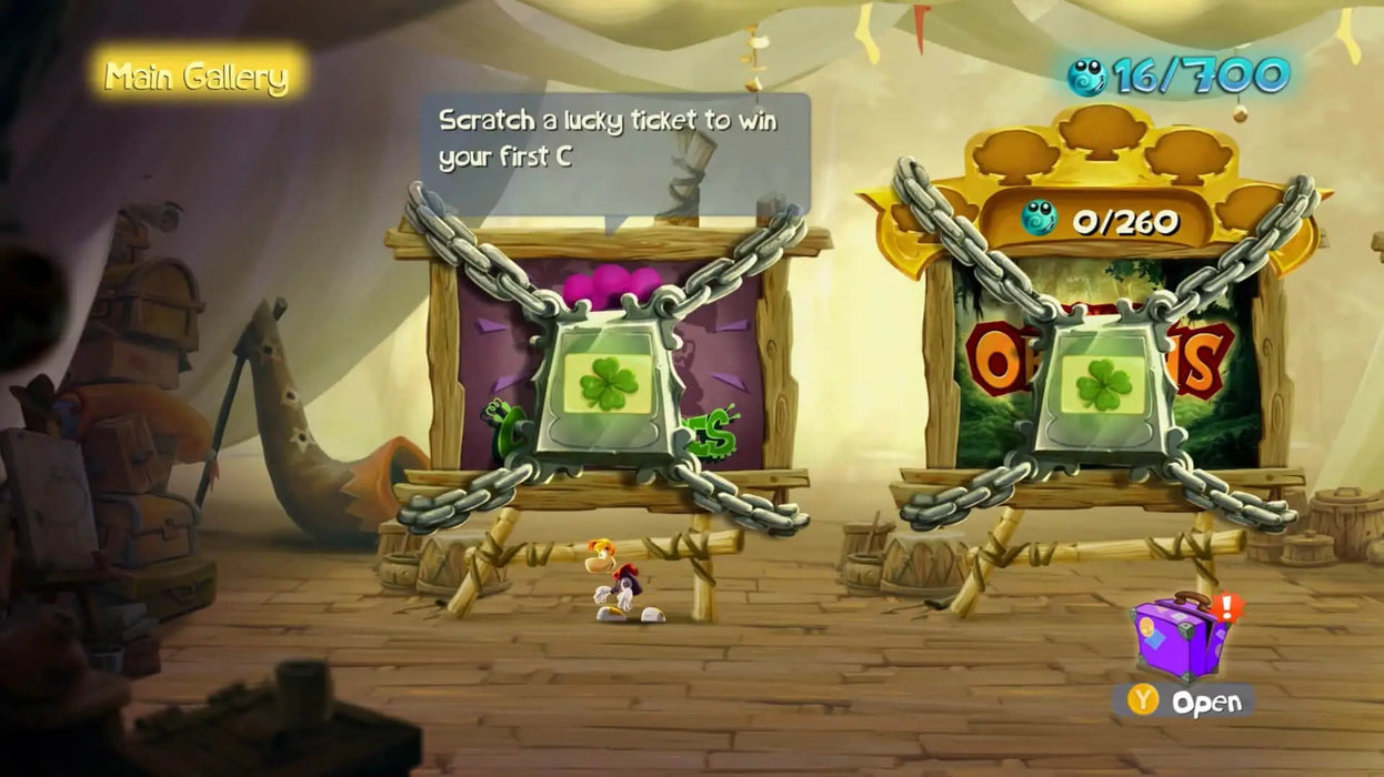 Screenshot from Rayman Legends for PC, showing Rayman in the Main Gallery with locked ticket challenges. Unlock fun and surprises—get your Ubisoft Connect CD key for Rayman Legends at RushGame.co