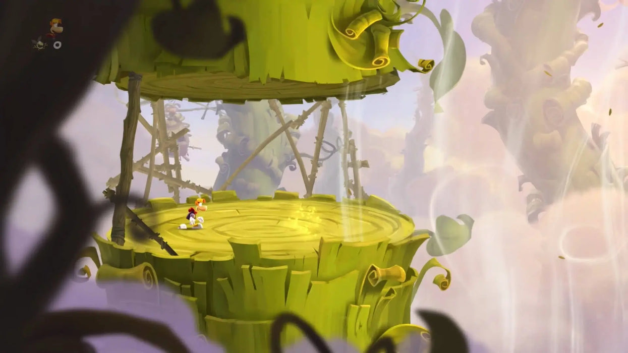 In-game scene from Rayman Legends (Xbox One), with Rayman standing on a giant leafy platform in a whimsical forest. Explore magical levels—grab your US region CD key from RushGame.co