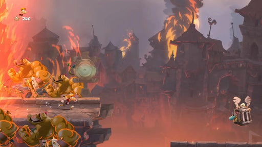 Gameplay screenshot from Rayman Legends on Xbox One, showing Rayman escaping from muscular enemies in a fiery castle backdrop. Buy your digital Xbox One key for Rayman Legends today at RushGame.co