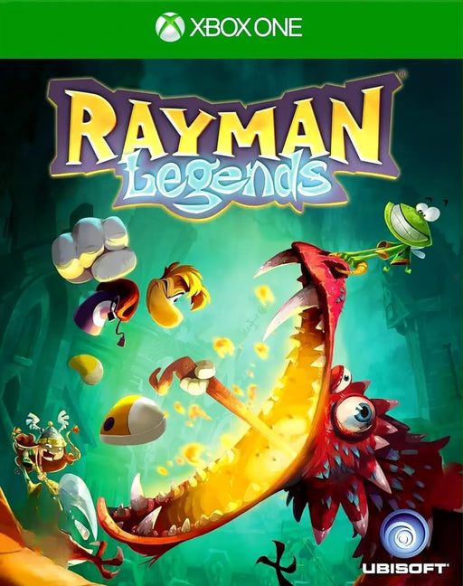 Cover art for Rayman Legends on Xbox One, featuring the iconic characters battling a giant fiery creature. Get your Rayman Legends Xbox One CD Key (US) now at RushGame.co and dive into epic platforming action
