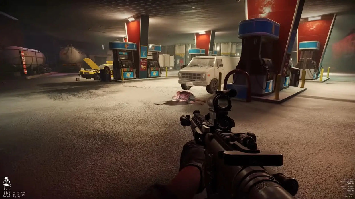 Gameplay scene from Ready or Not for PC Steam, showing a gas station with a subdued suspect on the ground. Secure your Ready or Not Steam key today at RushGame.co and enter realistic law enforcement scenarios