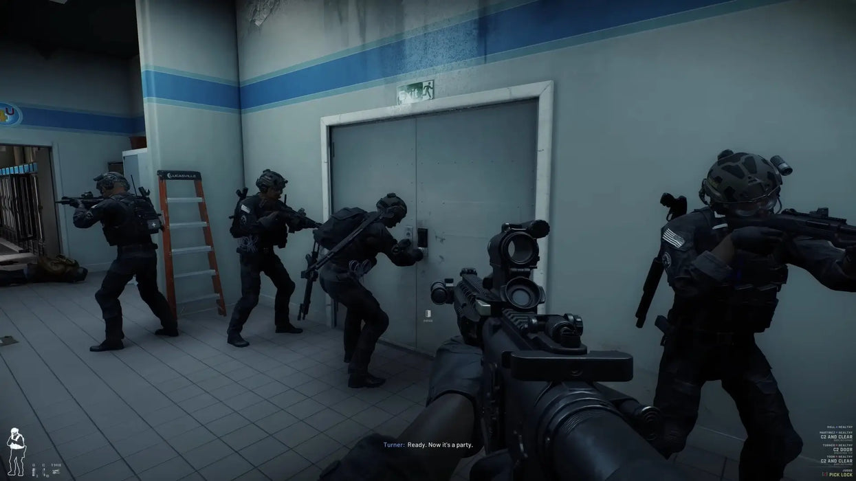 In-game image from Ready or Not (PC Steam) displaying a tactical team preparing to breach a double door in a sterile corridor. Buy the Ready or Not CD Key now at RushGame.co and experience true-to-life tactical combat