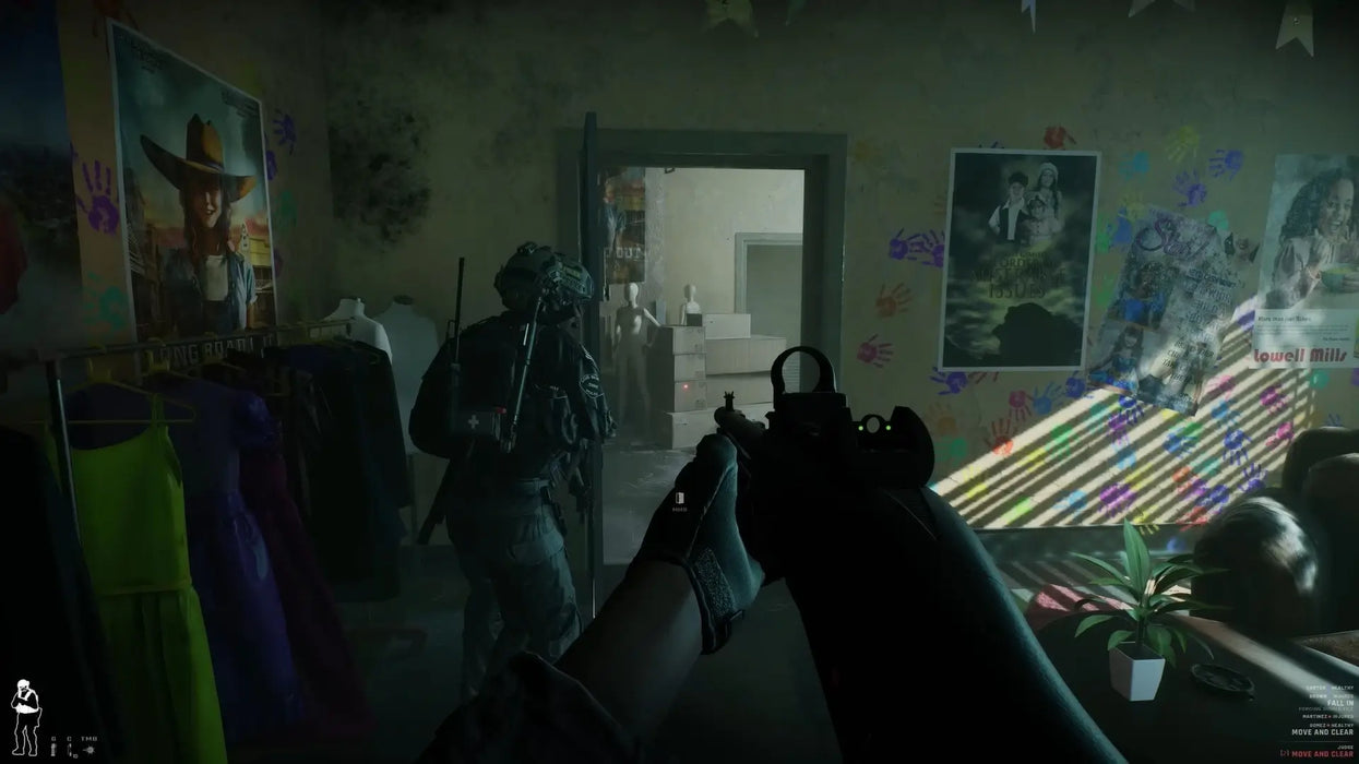 Gameplay screenshot from Ready or Not on PC, showing a SWAT team breaching a room inside a dimly lit building. Get your Steam digital key from RushGame.co and lead your squad through high-risk missions