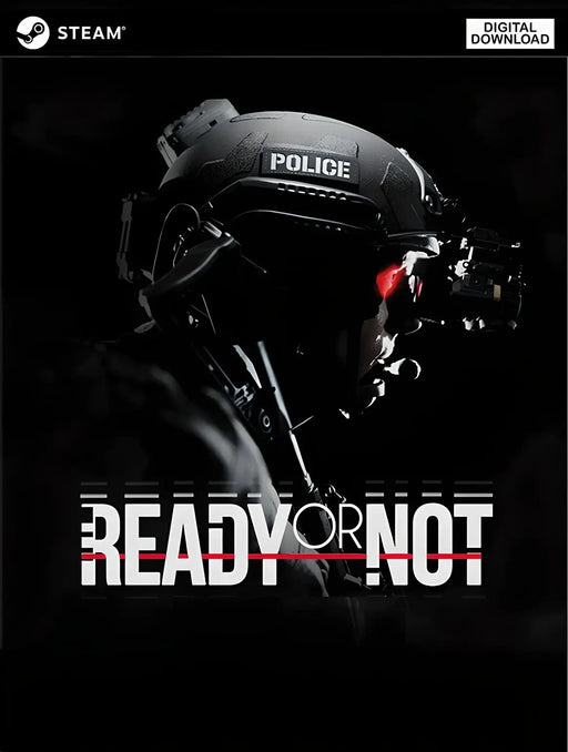 Cover art for Ready or Not on PC Steam, featuring a tactical police officer in night gear. Buy your Ready or Not Steam CD Key at RushGame.co for an intense and realistic tactical shooter experience