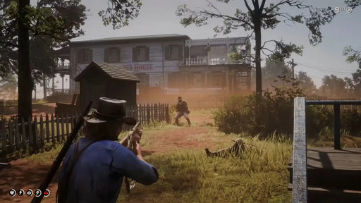 Gameplay screenshot from Red Dead Redemption 2 Ultimate Edition showing Arthur Morgan in a standoff outside a saloon. Get your Rockstar Social Club CD Key now at RushGame.co and access enhanced story missions and bonus items