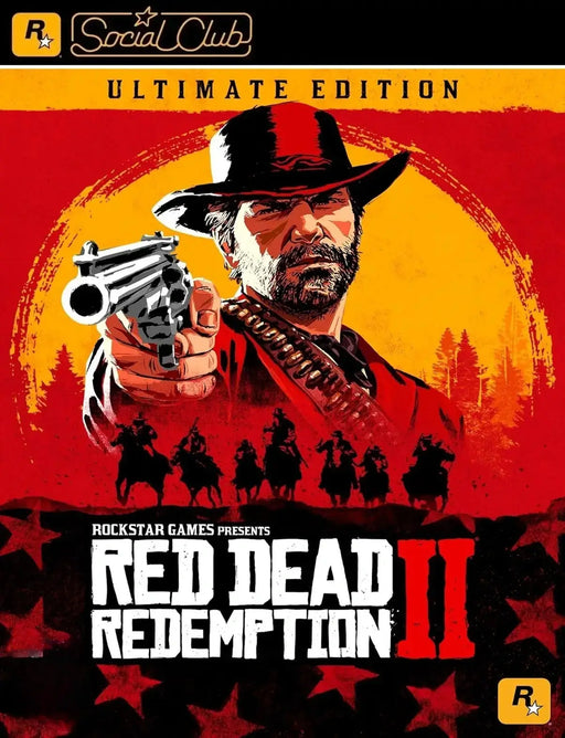 Cover art of Red Dead Redemption 2 Ultimate Edition featuring Arthur Morgan aiming his revolver, available as a Rockstar Social Club CD Key at RushGame.co. Unlock exclusive Ultimate Edition content and experience the full outlaw adventure today