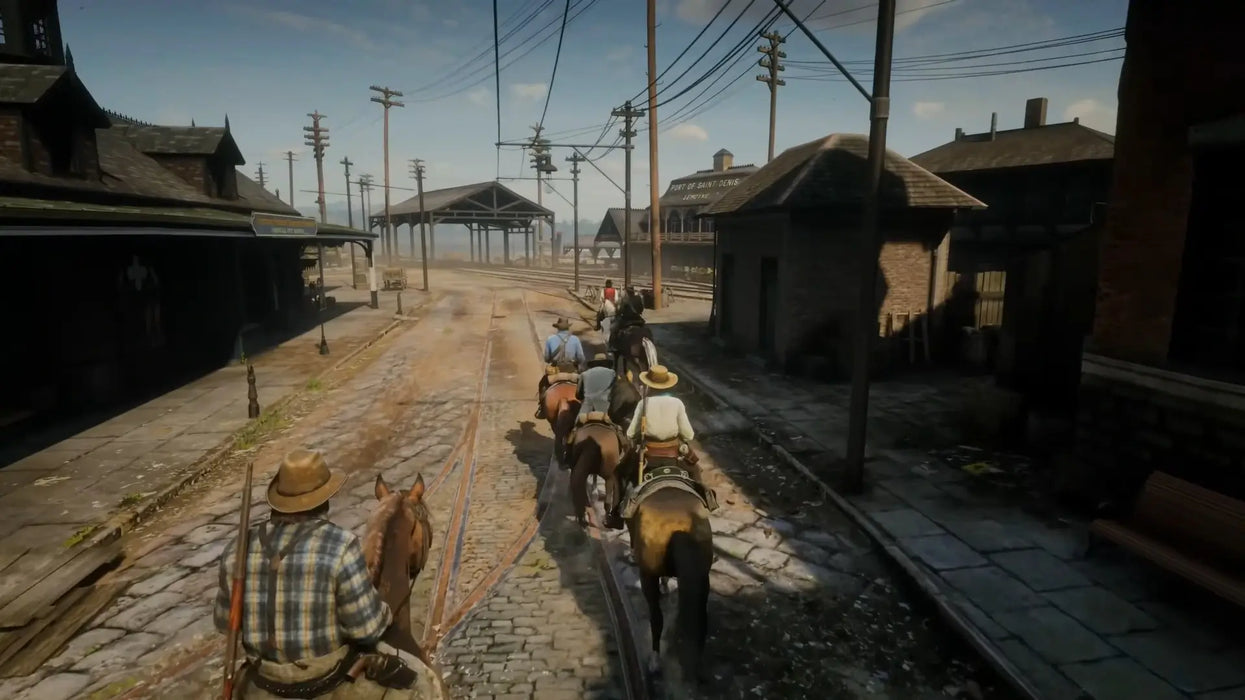 A group of cowboys ride through the town of Saint Denis in Red Dead Redemption 2. Get your Rockstar Social Club key now from RushGame.co for instant access