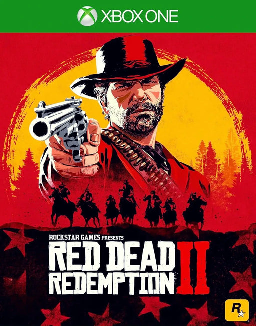 Official cover art for Red Dead Redemption 2 on Xbox One featuring Arthur Morgan pointing a revolver, with a red and yellow Western-themed background. Purchase your US Xbox CD key now at RushGame.co